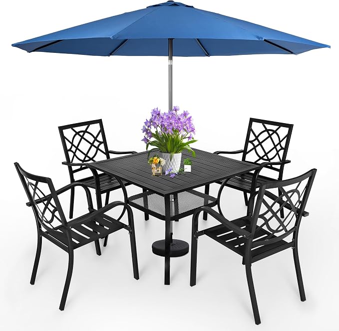 SUNCROWN 6-Piece Outdoor Wrought Iron Chairs and Table Patio Dining Furniture Set - 4 Stackable Metal Chairs, 1 Steel Slat Bistro Table and 1 Dark Blue 9Ft Patio Umbrella for Garden Backyard Deck