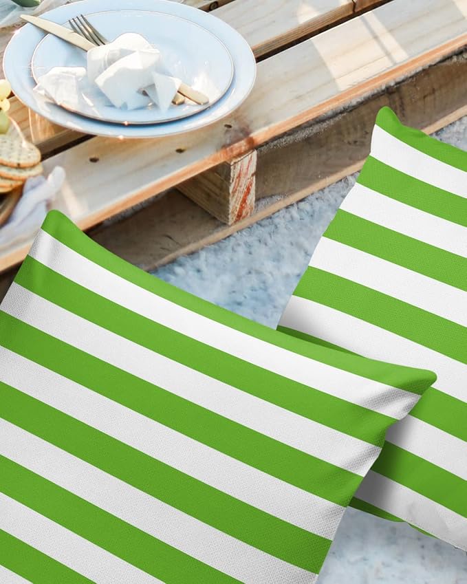 Outdoor Waterproof Pillow Covers for Patio Furniture Green and White Stripes Decorative Throw Pillow Cover Solid Striped Pillowcases Set of 2 Cushion Case for Sofa Couch Chair 24 x 24 in