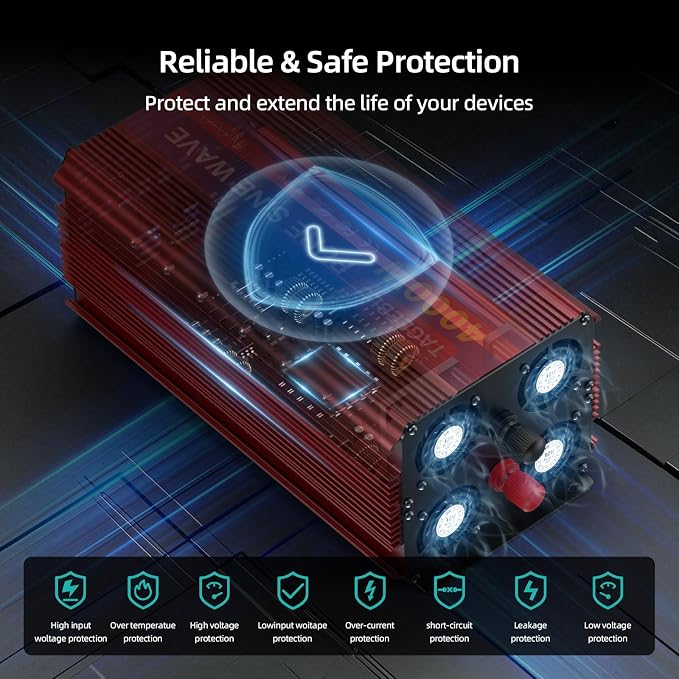 4000W Pure Sine Wave Inverter [8000W Surge], 12V DC to 110V AC Heavy Duty Power Inverter for RV, Truck, Home, Solar, Off-Grid, Outdoor, Car Converter with Dual AC Outlets and LCD Display
