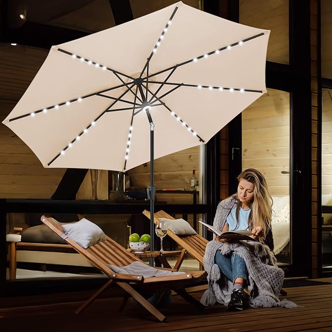 FLAME&SHADE 9 FT outdoor umbrella with 40LED lights, solar light patio umbrella with Centre Surround Light, Table Market Umbrella Outdoor Patiofor Deck, Pool, Backyard, Garden (Beige)