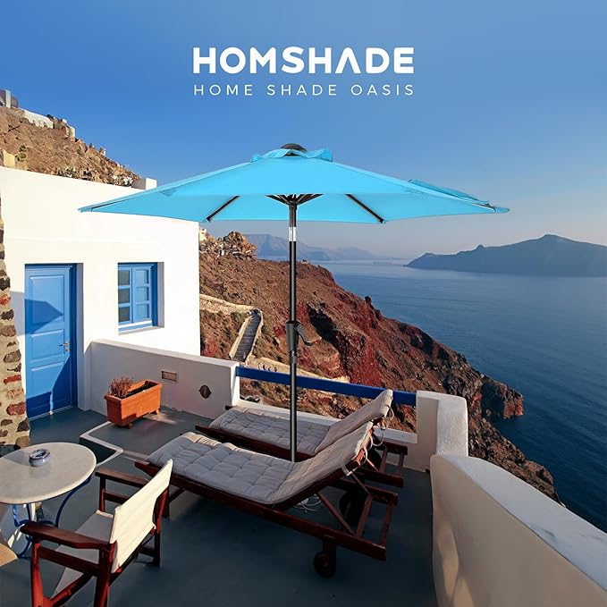HOMSHADE 7.5ft Outdoor Patio Umbrella - Market Table Pool Deck Umbrella UPF50+ UV Protection with Push Button Tilt, Crank and 6 Sturdy Ribs (Light Blue, No base)