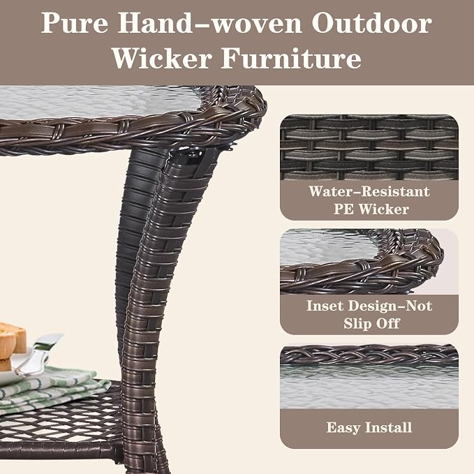 Small Outdoor Side Table - 50 LBS Weight Capacity Wicker Side Table with Storage, Tempered Glass Top Patio Side Table for Porch Balcony Deck Garden - Brown