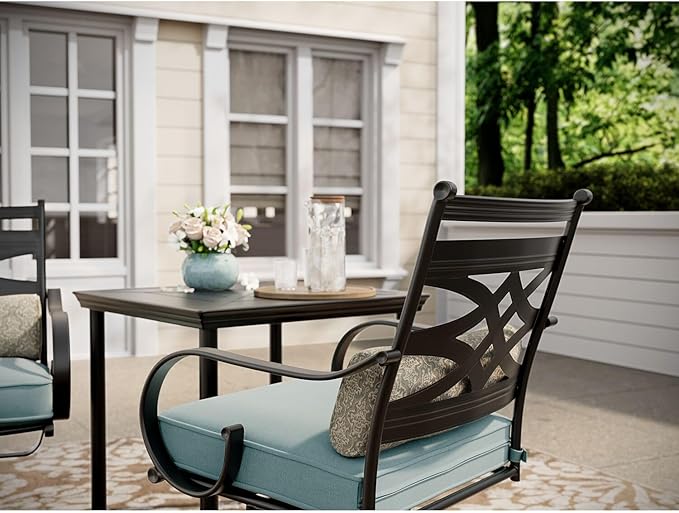 Hanover Montclair 3-Piece Outdoor Bistro Set with 2 Swivel Rocker Chairs with Comfortable Seat and Lumbar Cushions, 27" Square Stamped Rectangle Table, All-Weather Patio Conversation Set