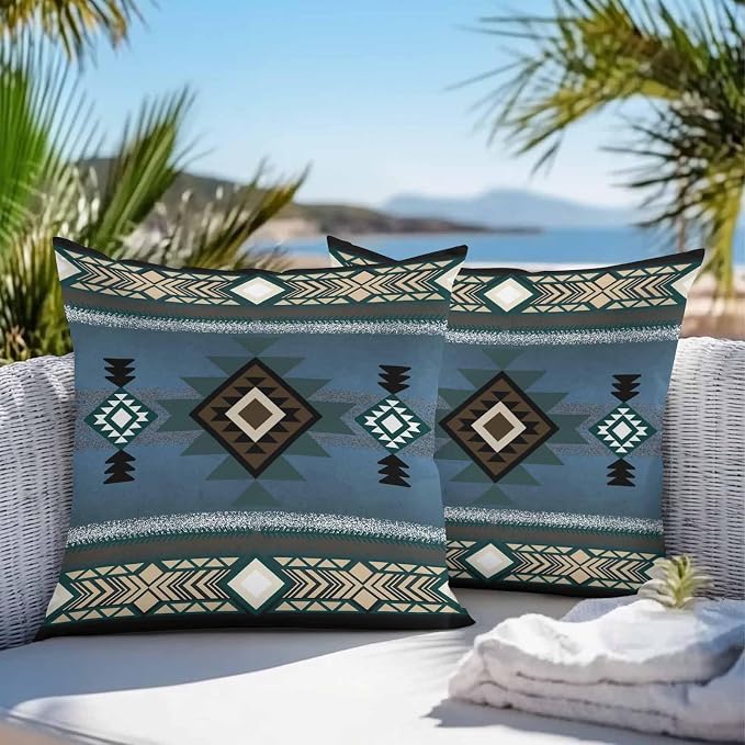 Vandarllin Outdoor Throw Pillows Covers 20x20 inch Set of 2 Waterproof Blue Tribal Style Decorative Zippered Cushion Covers for Patio Furniture, Southwest Native American Lumbar Pillowcases