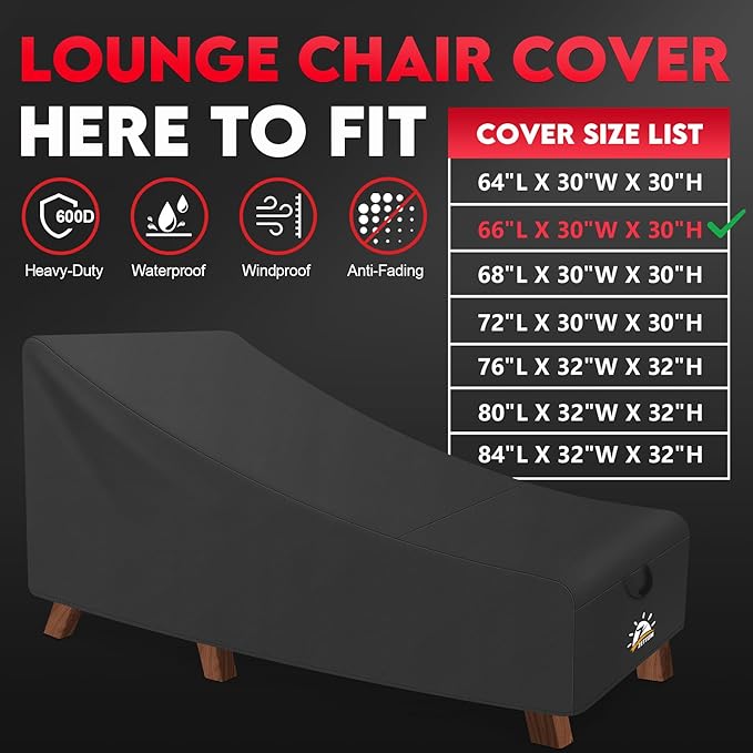 Zettum Outdoor Seating Cover - Waterproof Patio Chaise Cover, 600D Heavy Duty Fade-Resistant For Pool, Lawn Furniture - 68 x 30 x 30 Inch