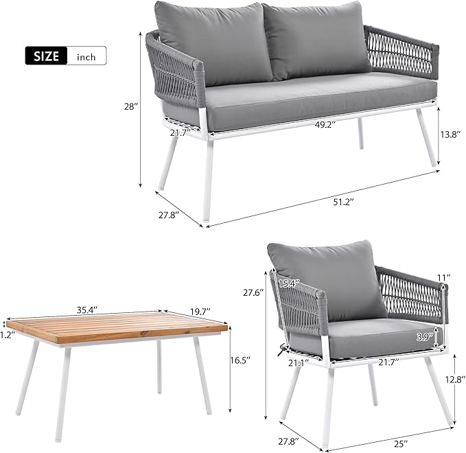 4-Piece Boho Rope Patio Furniture Set, Outdoor Furniture with Acacia Wood Table, Patio Conversation Set with Deep Seating & Thick Cushion for Backyard Porch Balcony, Grey