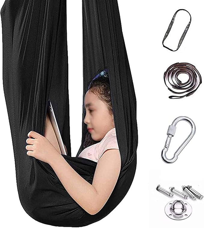 Elastic Kids Swing Seat Multifunctional Children Cuddle Hammock Aerial Yoga Sensory Hammocks for Autism ADHD ADD (Color : Black, Size : 100 x 280 cm (L x W))