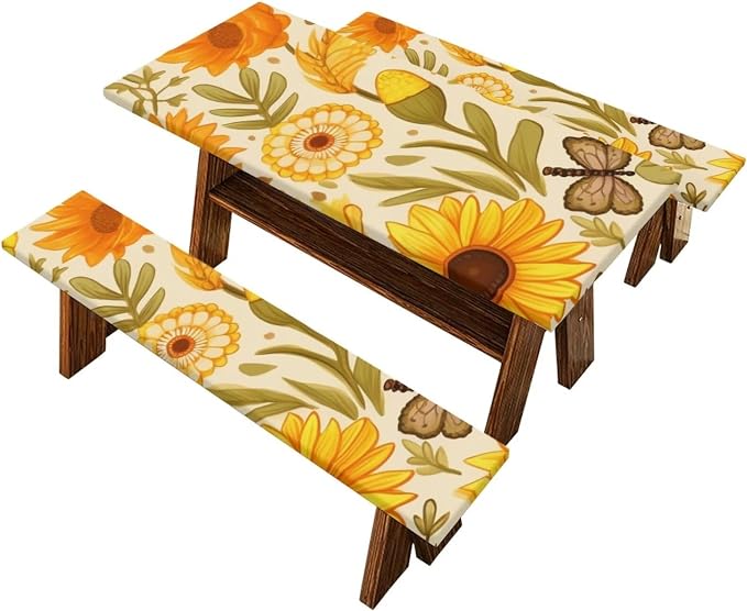 Yellow Floral Picnic Table Cover with Bench Covers Camping Essentials Outdoor Table and Chairs Decorative Sets Flexible Picnic Table 3 Piece Set Suitable for BBQ Picnic Party Camping