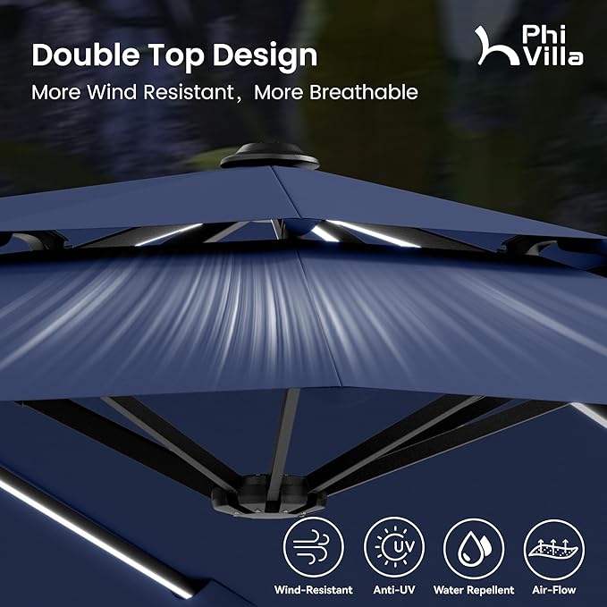 PHI VILLA 13ft Patio Umbrella with 120 PCS Solar-Powered LED Color-Changing Lights, 2-Tier Double-Sided Large Rectanglular Umbrella with Base Included, Blue