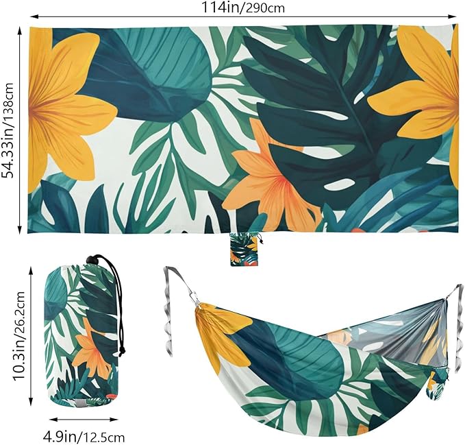 Tropical Style Green Leaves Flower 330lb Capacity Camping Hammock with Hanging Rope Portable Hammock for Indoor Outdoor Patio macas mexicanas de Patio para Adulto