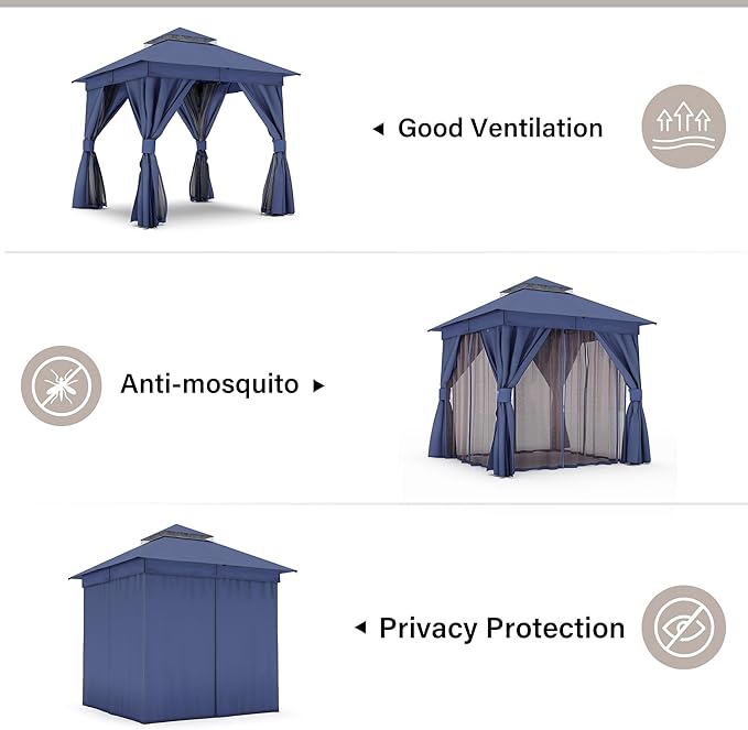 LAUSAINT HOME 8'x8' Outdoor Gazebo, Metal Frame Heavy Duty Patio Canopy Tent Shelter with Double Roofs, Mosquito Nettings and Privacy Screens for Backyard, Garden, Lawn, Navy Blue