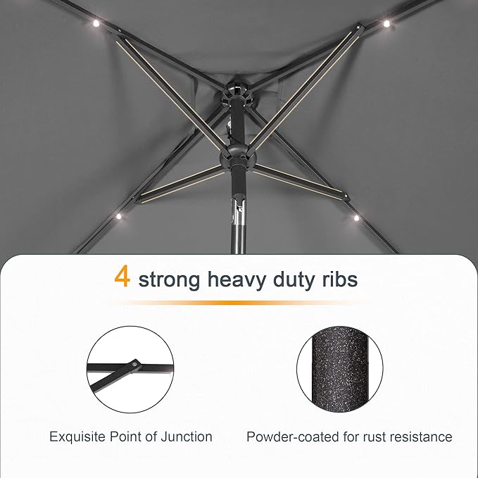 Square Patio Umbrella With Solar Lights, 6.5x6.5ft Square Umbrella Outdoor Patio with Tilt and Crank for Pool, Deck, Garden,Backyard