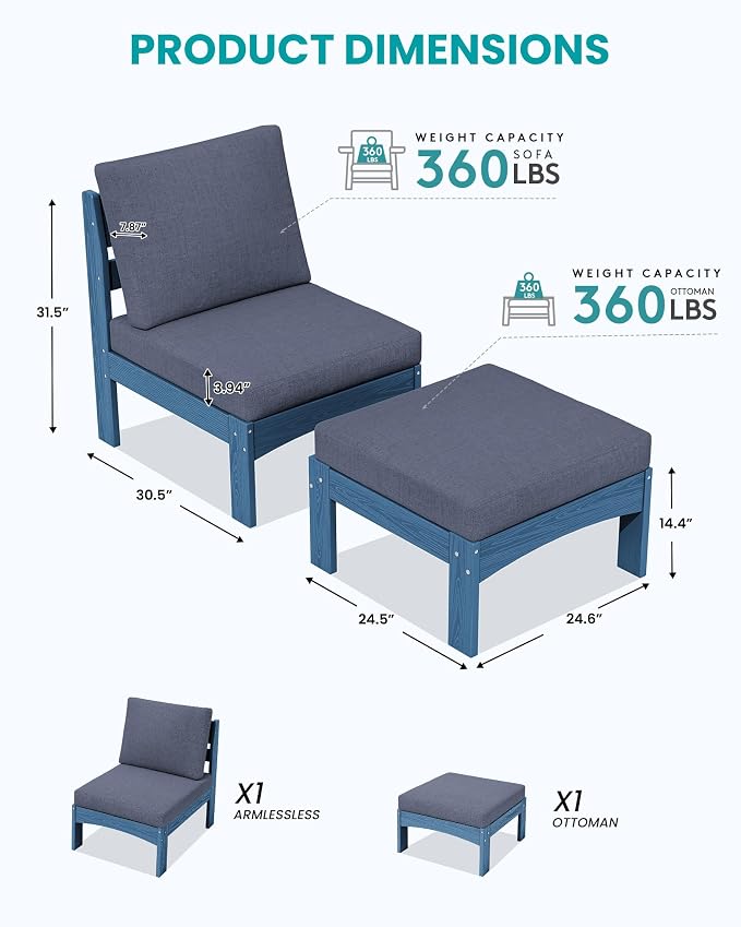 SERWALL 2 Pieces Patio Sofa Set, Durable HDPE Outdoor Lounge Sofa with Removable Cushions and Ottoman, Modern Modular Conversation Set for Porch or Balcony, Blue Frame with Grey Cushion