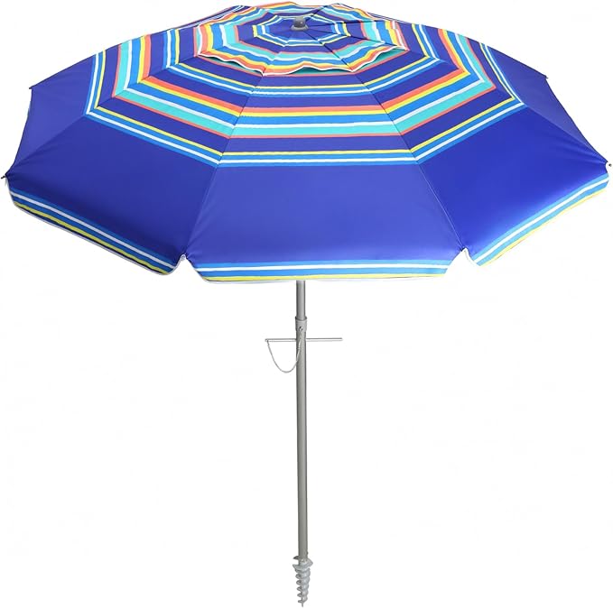 wikiwiki 7ft Beach Umbrella with Sand Anchor & Tilt, UPF 50+ Protection Beach Umbrellas for Sand, with Carry Bag and Hook, for Patio Garden Pool, Dark Blue Stripes