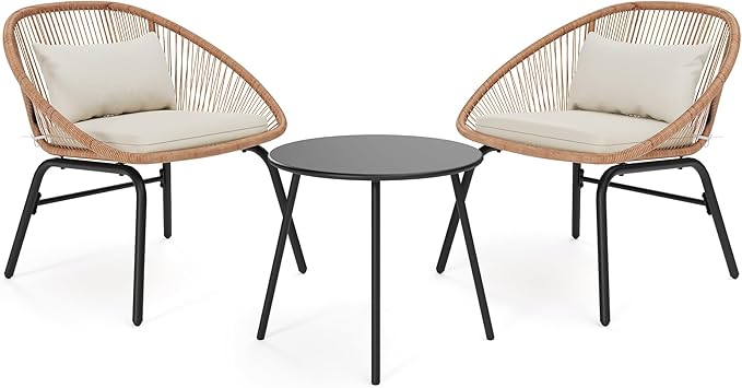 LAUSAINT HOME 3-Piece Outdoor Patio Set, All-Weather Wicker Rattan, Conversation Bistro Set with 2 Deep Seating Chairs & Coffee Table for Garden, Deck, Balcony, Porch, Backyard (Synthetic, Waterproof)