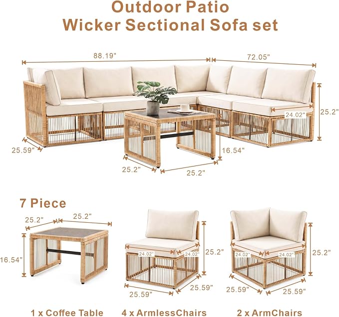 7 Piece Outdoor Patio Furniture Set, Wicker Sectional Sofa,Thick Cushions, All Weather Rattan Conversation Sets with Arm Chairs and Coffee Table for Backyard, Porch, Balcony, Deck, Garden