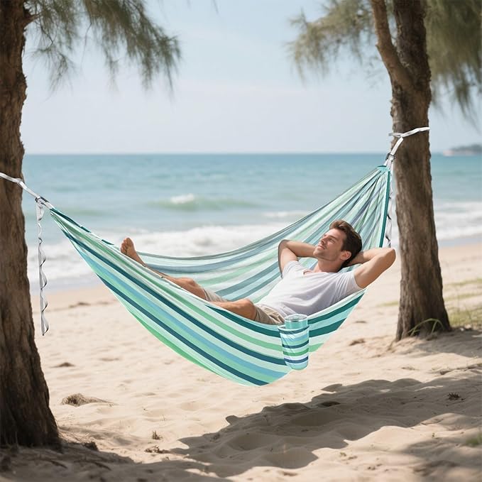 Camping Hammock Outdoor Hammocks for Outside Blue Green Stripe Beach Trees Portable Lightweight with Pockets Tree Straps Indoor