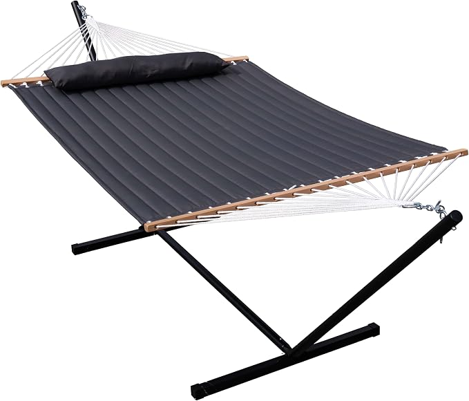 Lazy Daze Quilted Fabric Hammock with 12-Foot Stand, Double 2-Person Hammock with Pillow for Outdoor Outside Patio, Garden, Backyard, 450LB Capacity, Gray