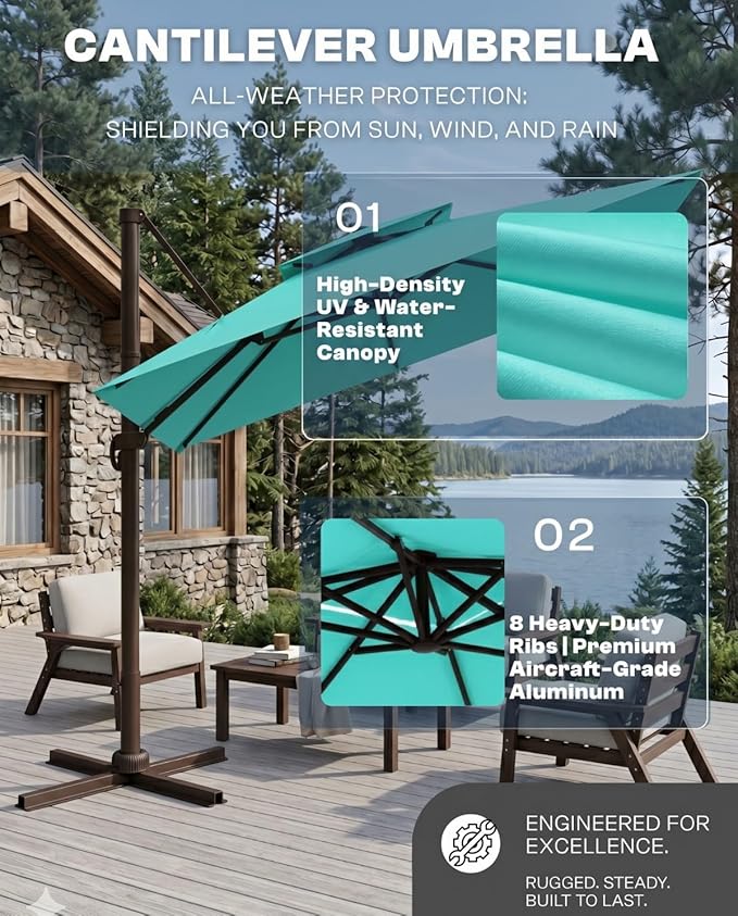 10'×10' Patio Umbrella, Double Top Aluminum Cantilever Umbrella with 360°Rotation, Offset Patio Umbrella with Easy Tilt for Pool Deck Garden Backyard, Turquoise (Base not Included)