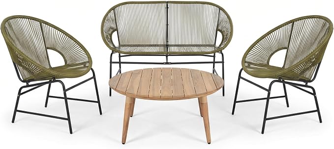 Christopher Knight Home Dessa 4 Piece Patio Furniture Set with Acacia Wood Coffee Table, 4 Seater PE Rattan Outdoor Conversation Set, Metal Outdoor Sectional Sofa Set, Beige+White, Green
