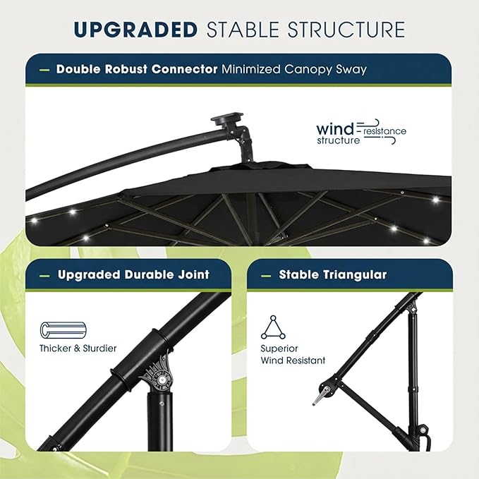 wikiwiki 10ft Solar LED Offset Patio Umbrella, Outdoor Cantilever Patio Umbrellas with Solor Lights for Backyard, Poolside and Garden, Easy Tilt Adjustment, 32 LED Lights & Polyester Shade, Black