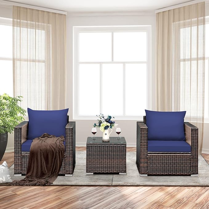 COSTWAY 3-Piece Patio Furniture Set, Outdoor Wicker Rattan Sofa with Cushions and Coffee Table with Tempered Glass, Modern Conversation Chair Set for Poolside Backyard Balcony Lawn (Navy)