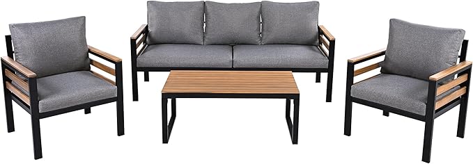 4-Piece Patio Set, Outdoor Furniture Sofa Set for 5 People with Acacia Wood Armrests, Conversation Set with Solid Wood Coffee Table, 2 Single Chairs, 3-Seater Sofa for Garden and Backyard (Gray/453)