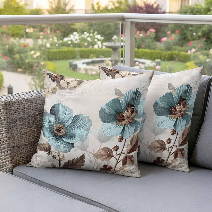 Teal Blue Floral Waterproof Outdoor Pillow Covers 18''x18'' Set of 2, Vintage Brown Flowers Butterfly Plant Patio Furniture Cushion Covers for Chairs, Decorative Pillow Cases for Garden/Pool/Beach