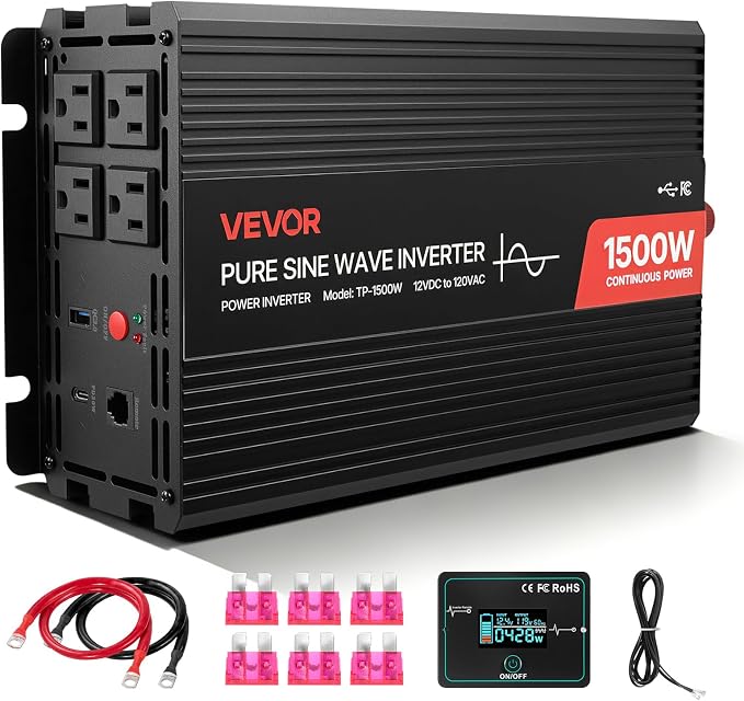 VEVOR 1500W Power Inverter, 12V DC to 120V AC Pure Sine Wave Inverter, Car Charger Converter with Remote Control, USB & Type-C Ports, 4 AC Outlets, Fast-Charging for RV, Truck Outdoor Camping