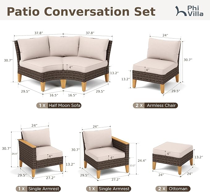 PHI VILLA 7-Piece Curved Patio Furniture Set, Half-Moon Wicker Sectional Furniture Sofa Set for 8 Seats with Cushioned 1 Curved Sectionals, 2 armless Seats, 2 one armrest Sofas and 2 Ottomans, Beige
