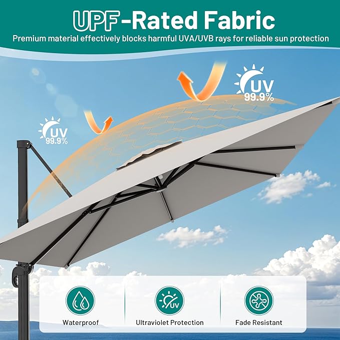 AreShark 9 X 9 FT Cantilever Patio Umbrella, 360-Degree Rotation Square Hanging Offset Umbrella with Crank, Heavy Duty Patio Umbrella for Patio, Pool, Garden, Deck, Light Grey