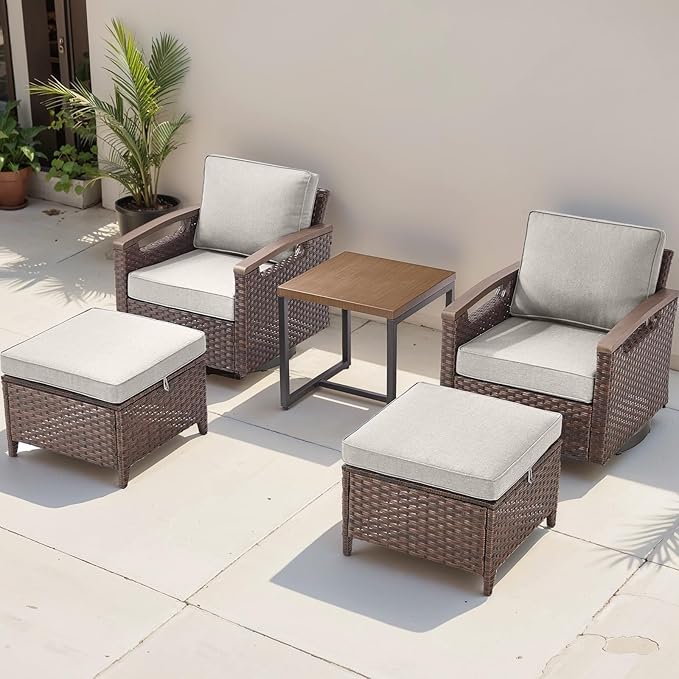 Rilyson Wicker Outdoor Patio Furniture Set - 5 Piece Patio Conversation Sets with Swivel Rocker Chairs, Ottomans and Side Table, Thick Cushions, Waterproof Wicker, for Porch Deck Brown/Beige