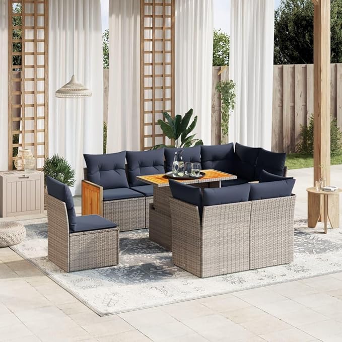 vidaXL Patio Sofa Set with Cushions 9 Piece, Outdoor Conversation Set, Sectional Sofa for Balcony Garden, Modern Style, Gray Poly Rattan