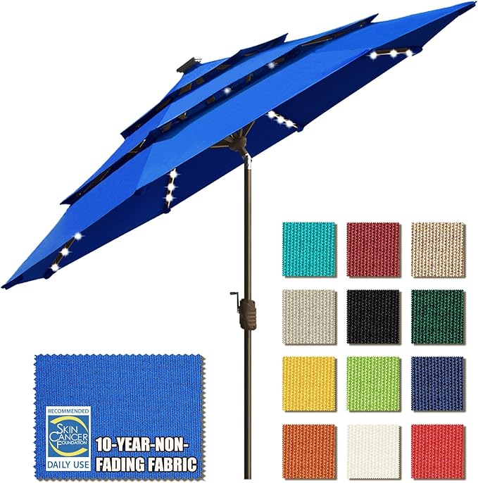 EliteShade USA 10-Year-Non-Fading 9ft 3-Tier Market Patio Umbrella, Commercial Table Umbrella with 80 Solar LED Lights, Crank Open, Windproof & UPF 50+ UV Protection for Garden, Deck, Pool, Backyard, Royal Blue