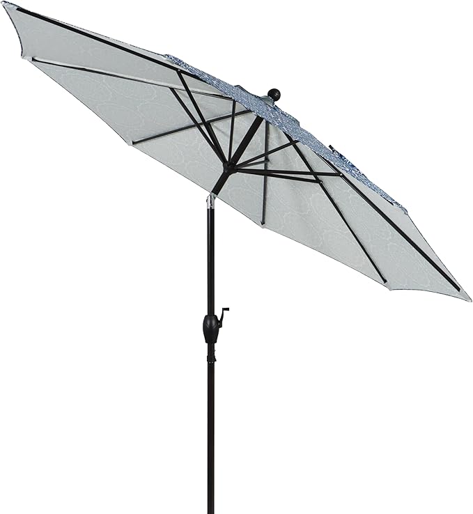 9ft Round Blue and Green Medallion Patio Umbrella, Crank Lift with 3-Position Tilt, Polyester Canopy and Steel Frame for Outdoor Use