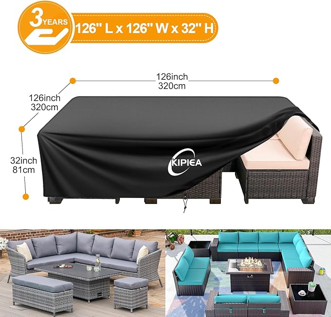 Kipiea Outdoor Furniture Covers Waterproof, 420D Heavy-Duty Patio Furniture Set Covers, No Tears Anti UV No Fading (126" L x 126" W x 32" H)