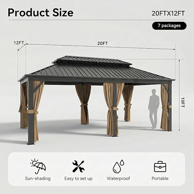 HOTEEL 12x20 Gazebo on Clearance with Metal Roof & Drainage System, Heavy Duty Hardtop Gazebo with Flame-Retardant Curtain & Netting, Outdoor Gazebos with Galvanized Steel Double Roof for Patio, Party