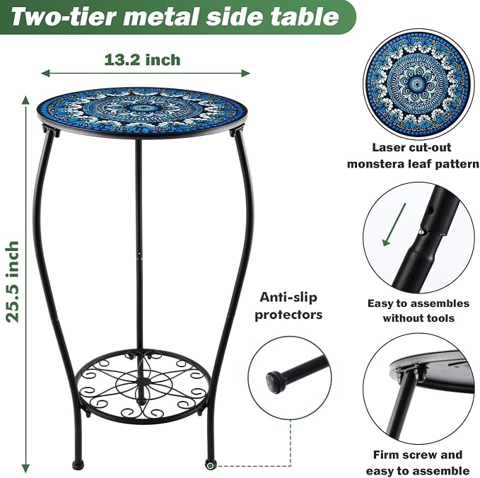 Two-tiered 13 Inch Metal Round Side Table Set of Two Small Black Outside End Table for Patio Round Accent Garden Corner Stand for Small Spaces Weather-resistant Outdoor Coffee Table for Balcony