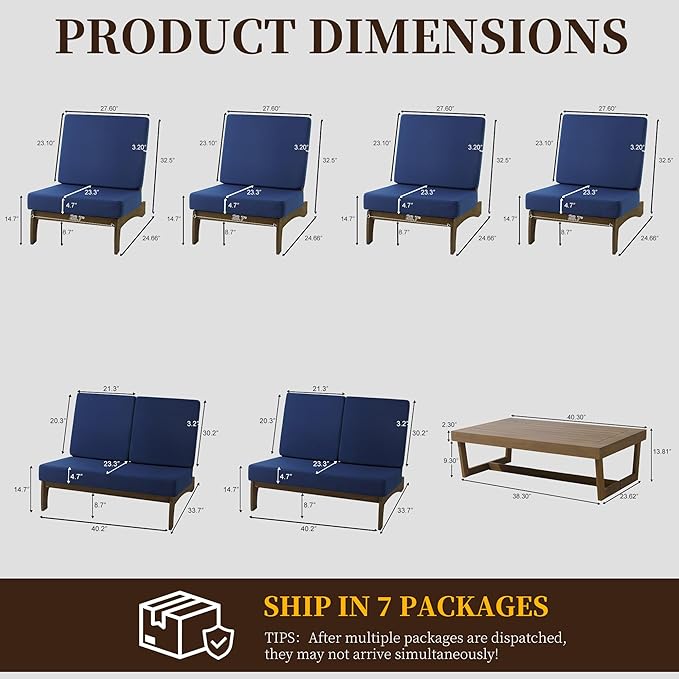 UIXE 7 Pieces All Weather Wood Patio Furniture Sets, 2 Patio Loveseat, 4 Patio Bistro Chair, Outdoor Sectional Sofa Furniture Backyard Conversation Set with Coffee Table - Navy