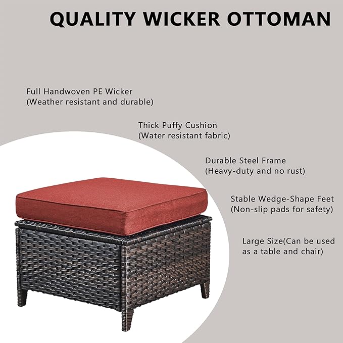 Rilyson Wicker Outdoor Patio Furniture Set - 4 Piece Patio Conversation Set with Swivel Rocker Chairs and Ottomans, Thick Cushions, High Back, Deep Seating, for Porch Deck Garden Brown/Red