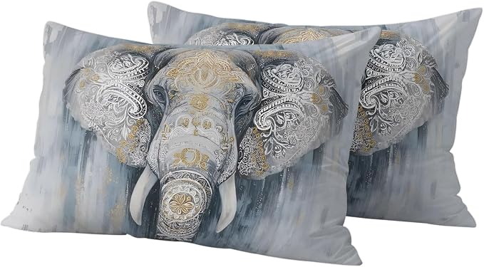 Boho Elephant Outdoor Pillow Covers 20"x12" Set of 2, Floral Pattern Animal Abstract Waterproof Throw Pillow Covers for Patio Furniture, Decorative Cushion Covers for Porch