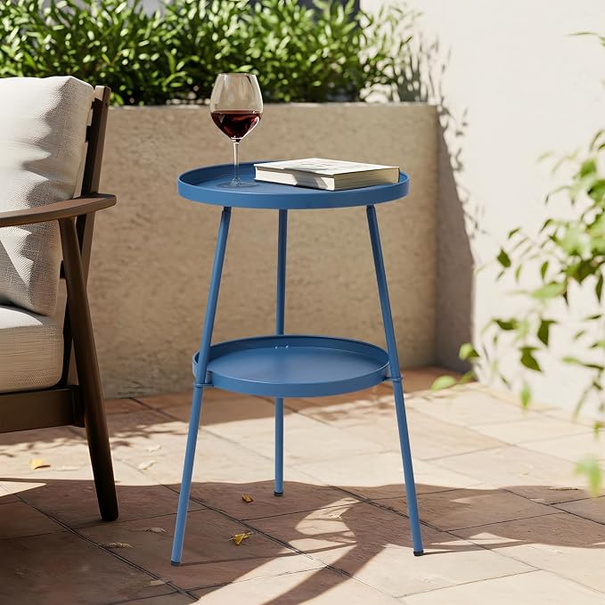 Outvita Outdoor Round Side Table, Small Metal End Table Black Coffee Table for Patio Lawn Garden Living Room Bedroom Sturdy (Double Layer, Navy Blue)