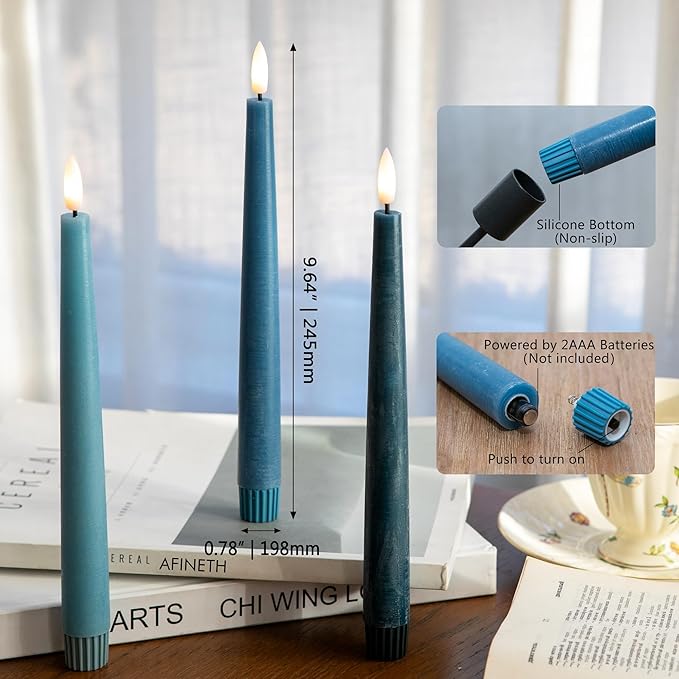Blue Flameless Taper Candles, 9.6" Real Wax Battery Operated Candles with Remote, 3 Pack Flickering, Gradient Candlesticks, Fake Candle for Home, Wedding, Party Decor