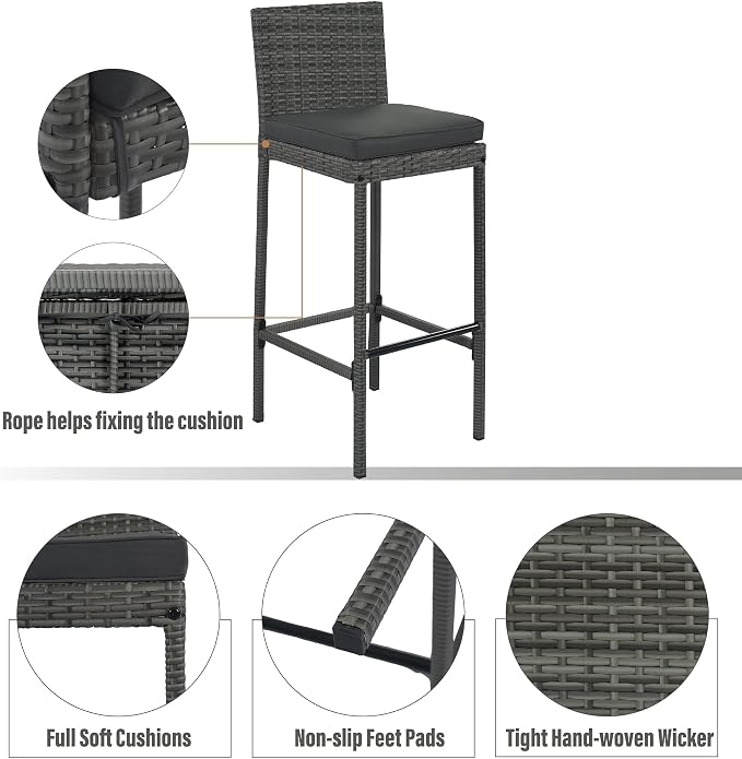 5-Pieces Outdoor Patio Wicker Bar Set,5-Piece Outdoor Patio Dining Set,Bar Height Chairs with Non-Slip Feet and Fixed Rope, Removable Cushion, Acacia Wood Table Top