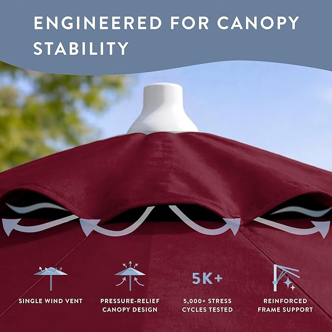 California Umbrella 10-Year Protection 9 Ft Outdoor Patio Umbrella, Pacifica Fade-Resistant Fabric, Auto-Tilt, Heavy Duty Aluminum Frame, 8 Reinforced Ribs for Pool or Deck, White Pole, Burgundy