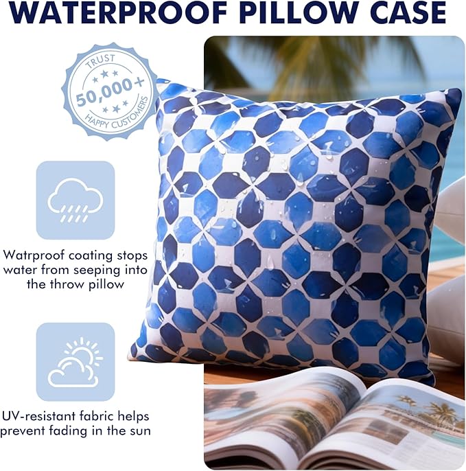 Outdoor Pillows, Pack of 2 18x18 Water Resistant Decorative Throw Pillows, Square Pillows for Couch, Sofa and Patio Furniture(Blue White with Plaid)