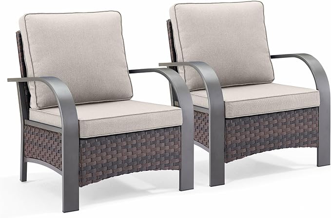 HUMMUH Outdoor Wicker Patio Chairs Set of 2-High Back Patio Dining Chairs Outdoor Patio Chairs for Deck Porch Lawn Garden Backyard-Brown/Beige