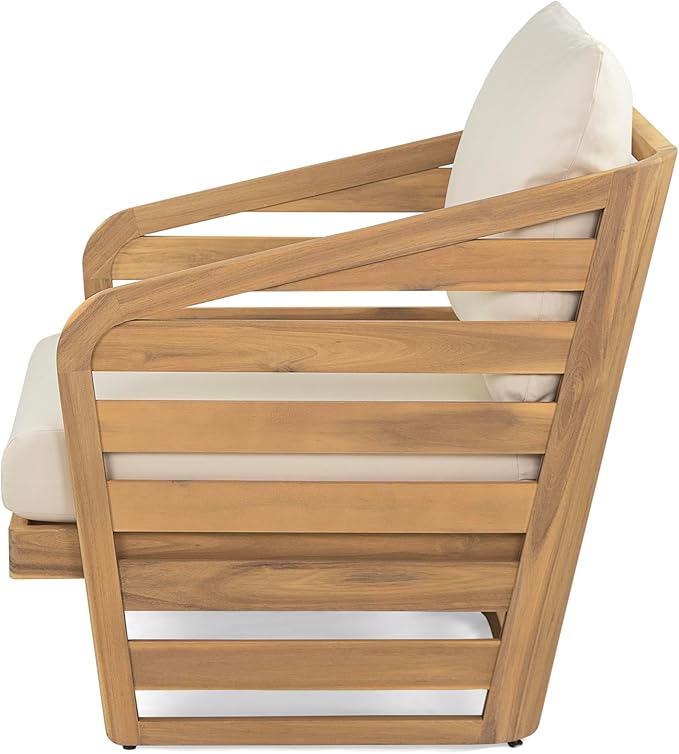Acacia Wood 4-Pieces Patio Conversation Set, All Weather Sectional Sofa Set w/ 2 Club Chairs, Loveseat and Table, Outdoor Furniture Set with Zipper Cushions, Unique Frame Design