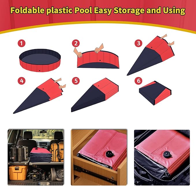 CACSPS Foldable Dog Pool, 55" x 12" Kiddie Pool with Hard Plastic, Non-Slip Dog Bath Tub for Outdoor Backyard, Collapsible Dog Swimming Pool for Kids Dogs Pets (Red)