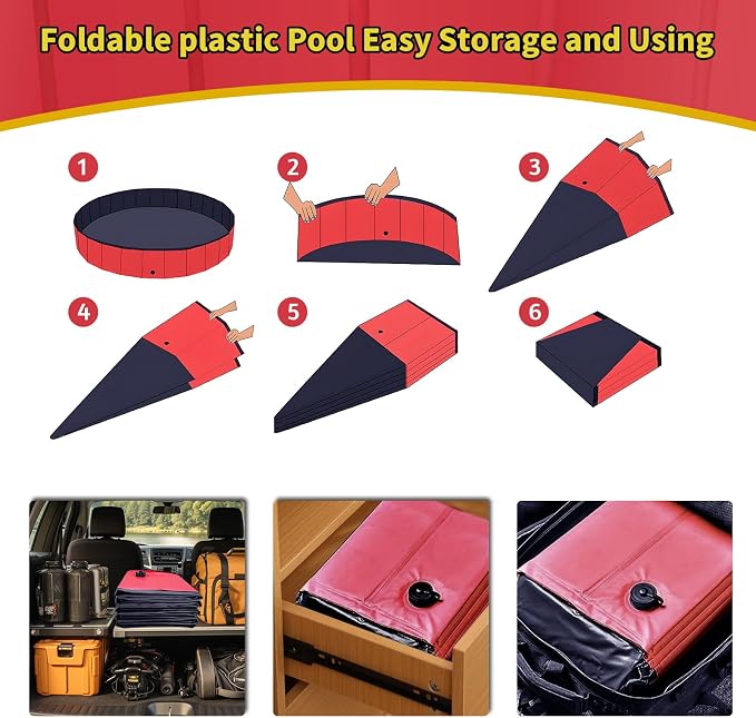 CACSPS Foldable Dog Pool, 63" x 12" Kiddie Pool with Hard Plastic, Non-Slip Dog Bath Tub for Outdoor Backyard, Collapsible Dog Swimming Pool for Kids Dogs Pets (Red)